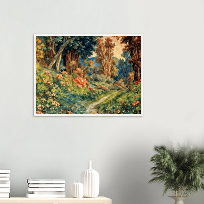Lush flowering woodland path winding through vibrant trees, soft blossoms, and sunlit greenery in a richly detailed pastoral garden scene.