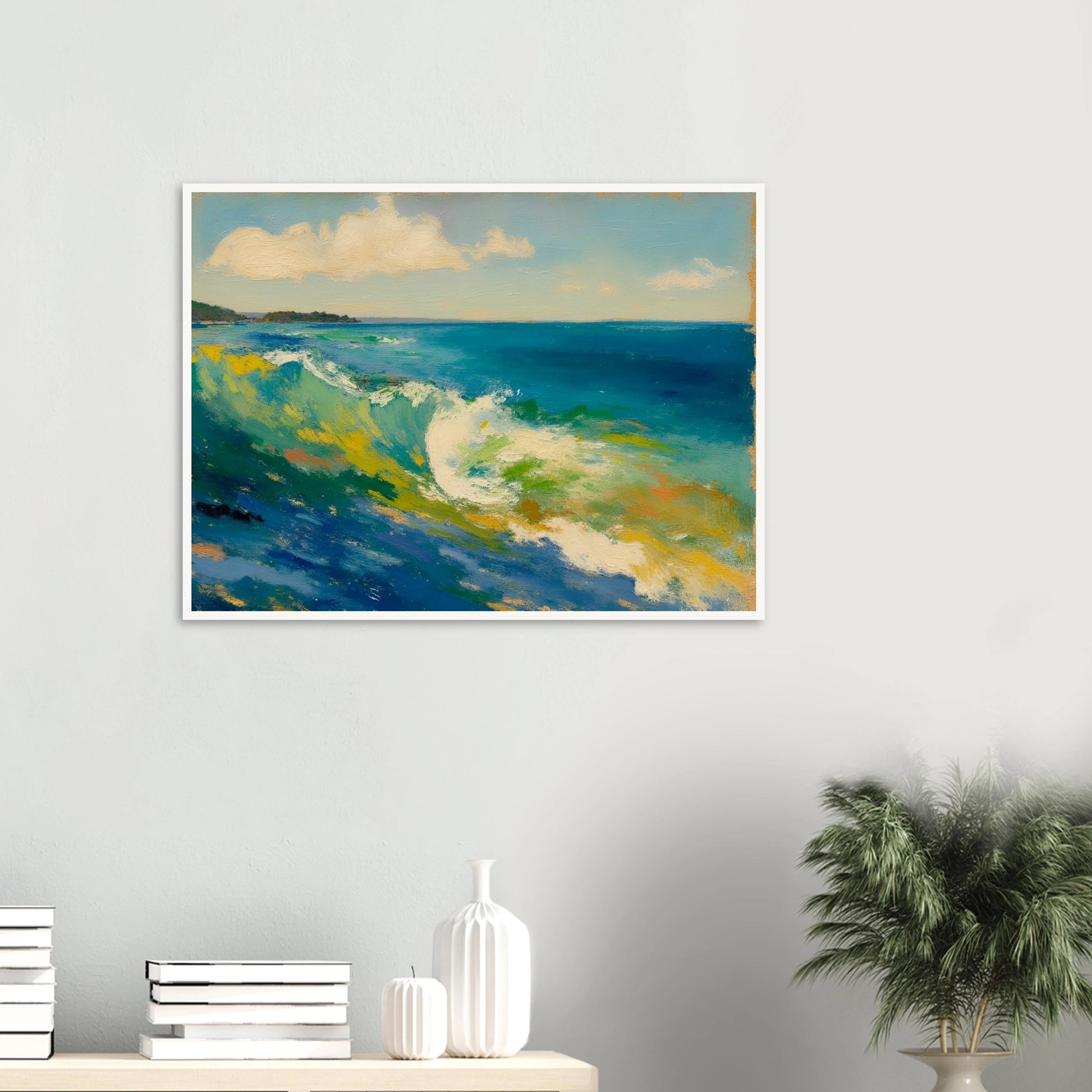 A rolling turquoise wave curls beneath soft clouds, with sunlight dancing across vibrant coastal waters.