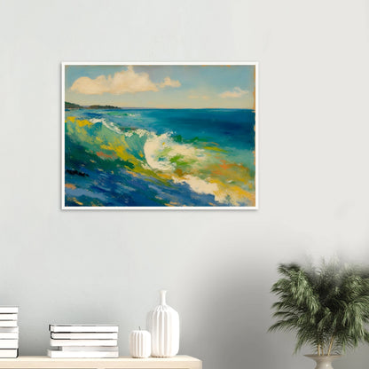 A rolling turquoise wave curls beneath soft clouds, with sunlight dancing across vibrant coastal waters.