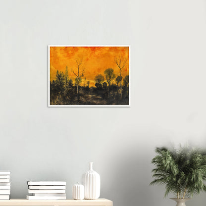 A forest silhouetted against a blazing orange sky, with leafless and leafy trees under a textured sunset.