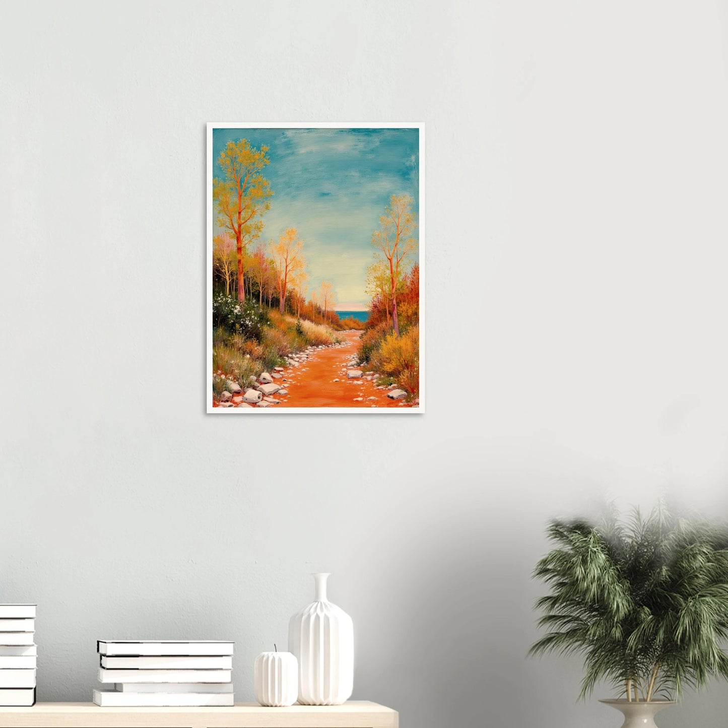 A vivid autumn trail lined with golden trees leads to a calm blue horizon, blending warmth, peace, and gentle adventure.