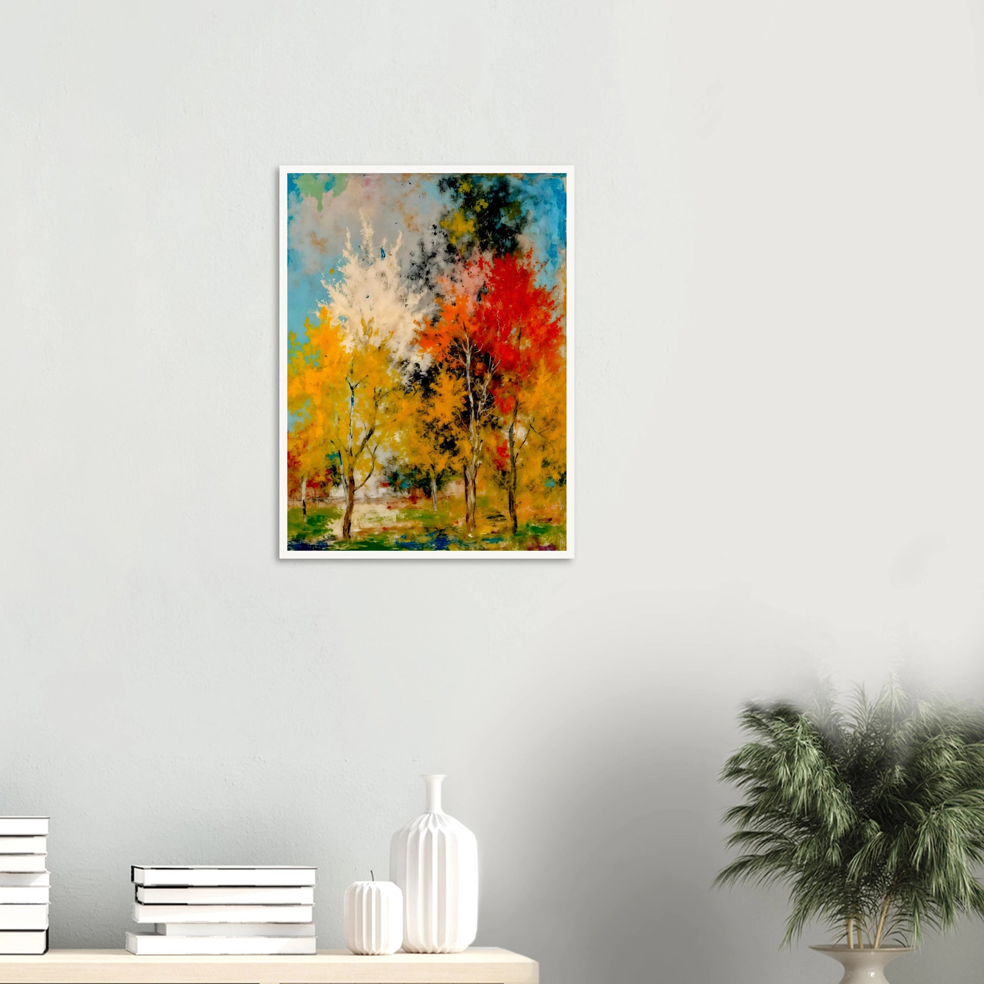 A vivid woodland painting of golden and crimson autumn trees beneath bright blue skies, bursting with expressive seasonal color.