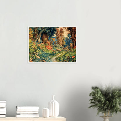 Lush flowering woodland path winding through vibrant trees, soft blossoms, and sunlit greenery in a richly detailed pastoral garden scene.