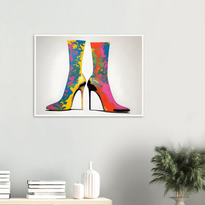 Vibrant high-heeled boots adorned with splashes of bold colors, creating a striking and fashionable design on a neutral background.