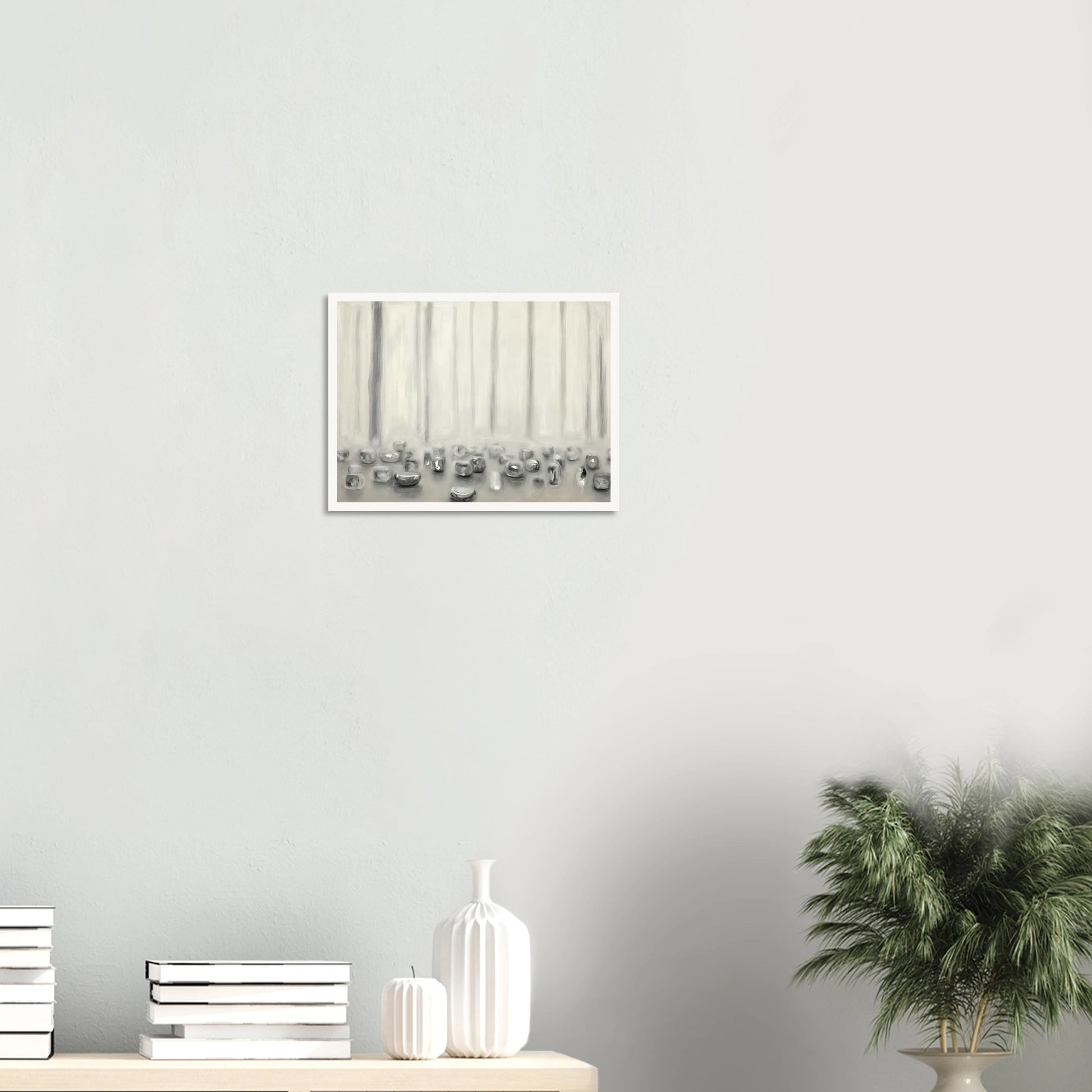 Minimalist pale composition with translucent silver forms resting beneath misty vertical lines in a serene monochrome atmosphere.