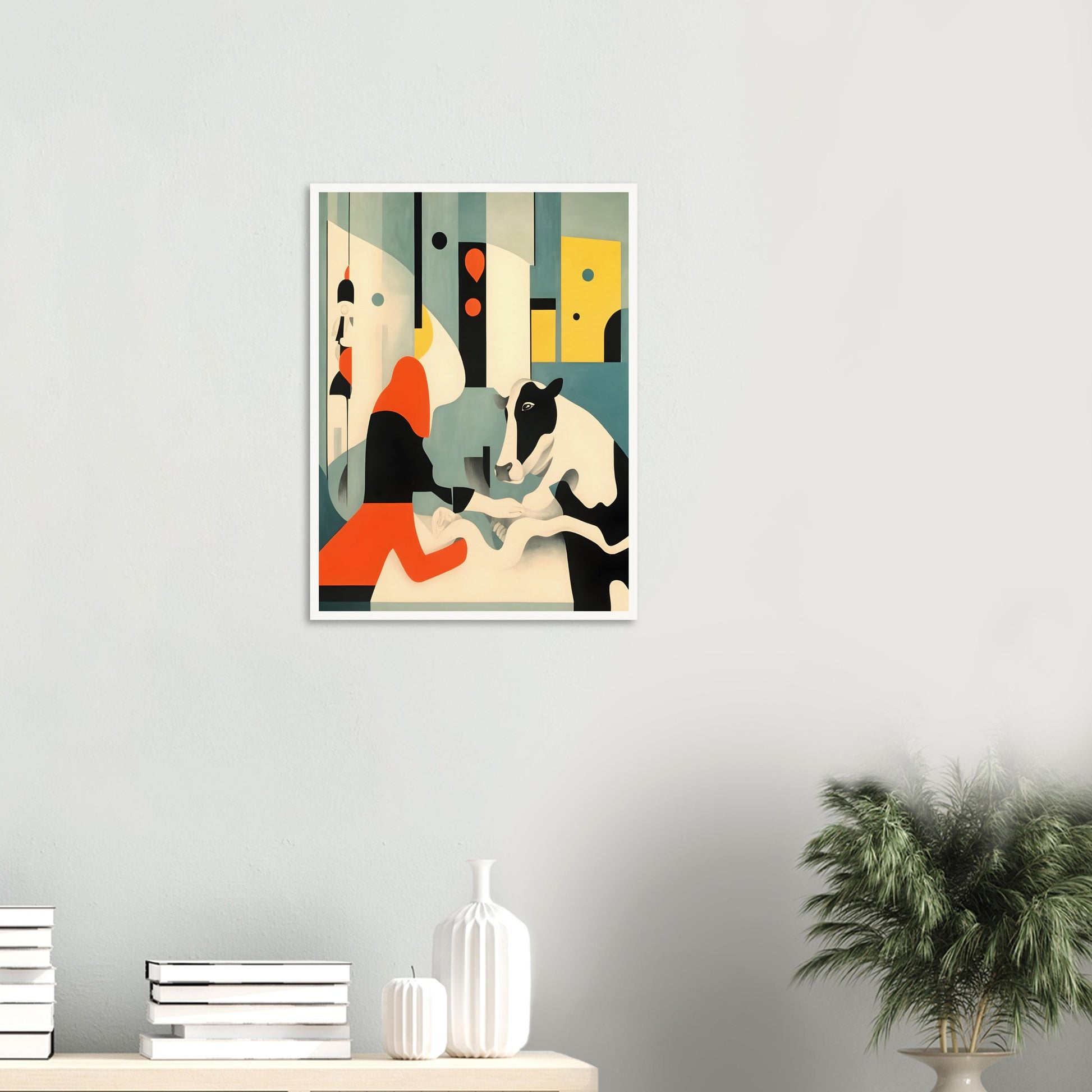 An abstract painting featuring a black-and-white cow interacting with a figure in a bold red and black outfit, set against a geometric background in shades of teal, yellow, and cream.