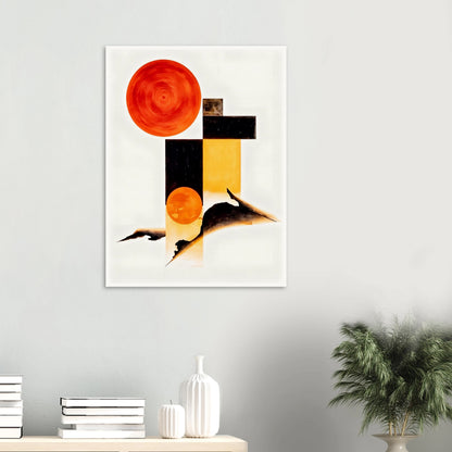 A minimalist abstract composition featuring bold orange circular forms, geometric black and golden rectangles, and flowing dark organic shapes set against a bright white background.