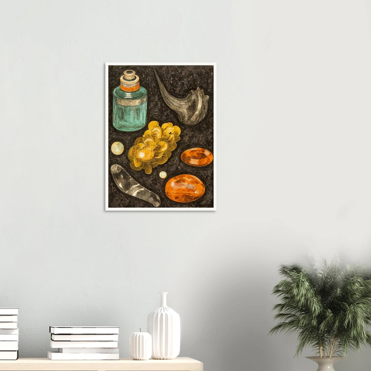 A collection of golden stones, glass objects, and a teal bottle arranged on a textured black background like hidden treasures.