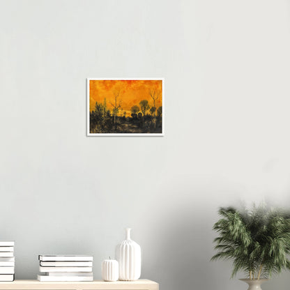 A forest silhouetted against a blazing orange sky, with leafless and leafy trees under a textured sunset.