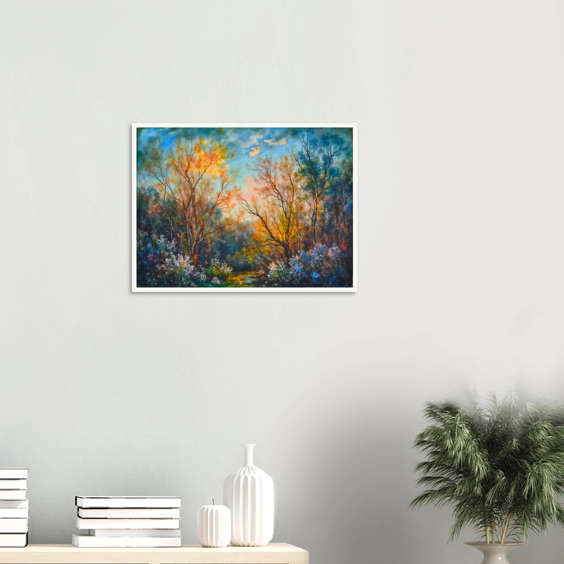 Radiant woodland scene with glowing autumn trees, delicate wildflowers, and a sunlit forest path beneath a vivid blue sky.