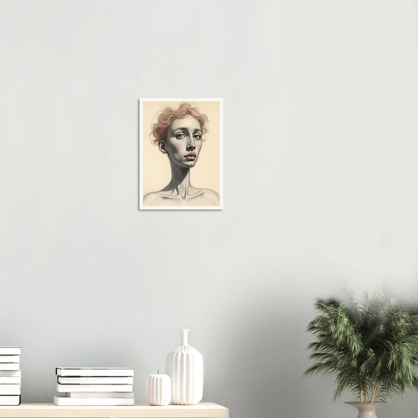 A detailed portrait of a woman with soft red curls, pale skin, and steady eyes, evoking grace and introspection.