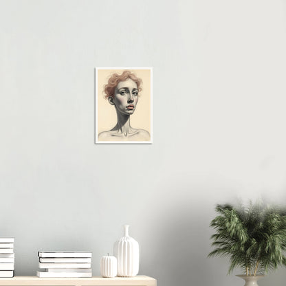 A detailed portrait of a woman with soft red curls, pale skin, and steady eyes, evoking grace and introspection.