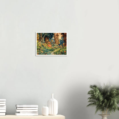 Lush flowering woodland path winding through vibrant trees, soft blossoms, and sunlit greenery in a richly detailed pastoral garden scene.