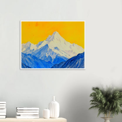 Snowy blue mountain ranges rise beneath a brilliant golden sky, blending icy grandeur with vivid warmth.