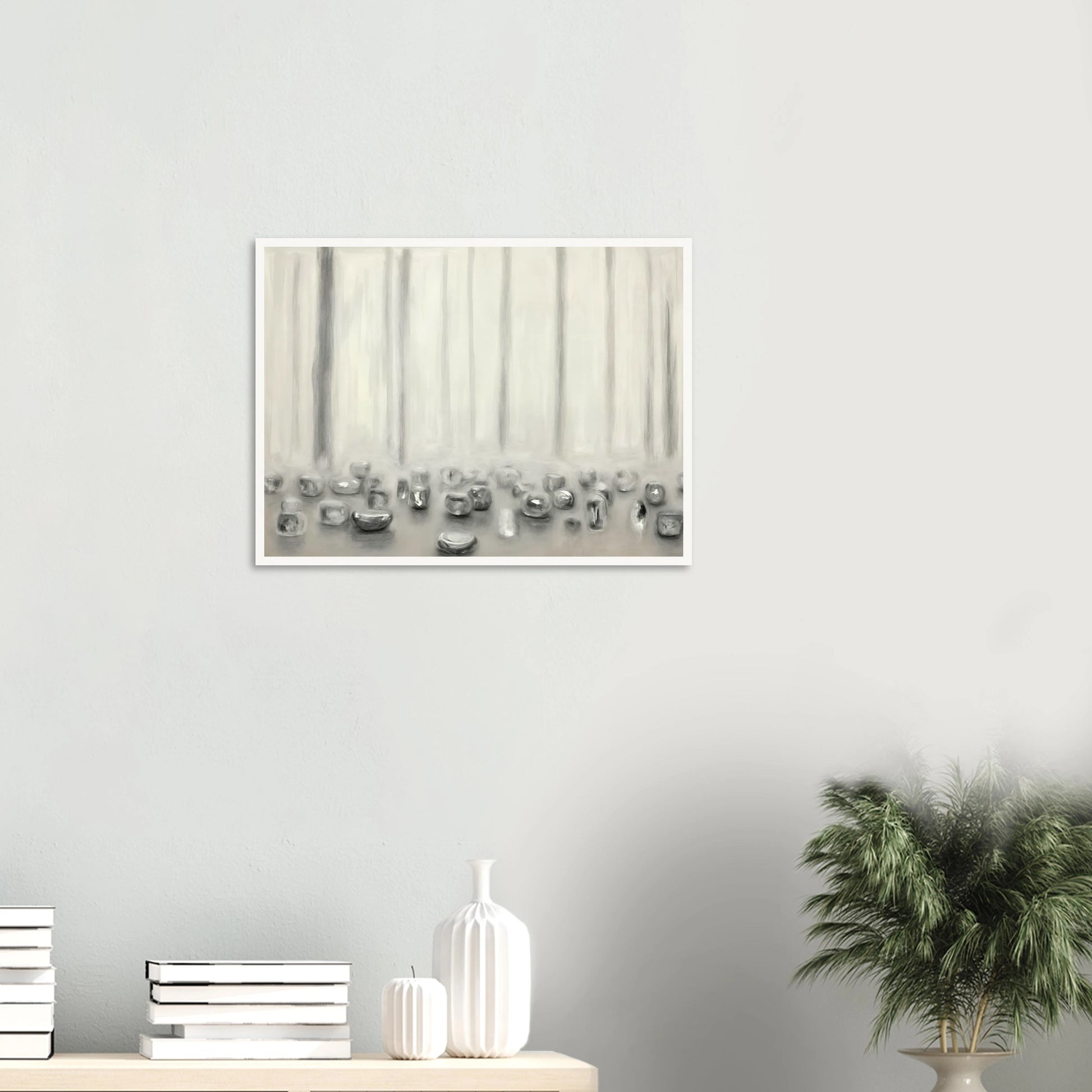Minimalist pale composition with translucent silver forms resting beneath misty vertical lines in a serene monochrome atmosphere.