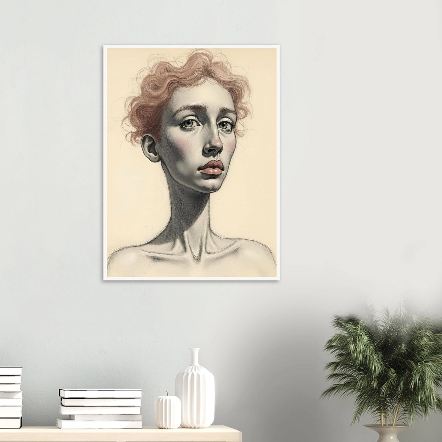 A detailed portrait of a woman with soft red curls, pale skin, and steady eyes, evoking grace and introspection.