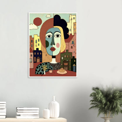 A cubist portrait of a woman at a café table with coffee and pastry, set against a pastel-colored cityscape and warm red sun.