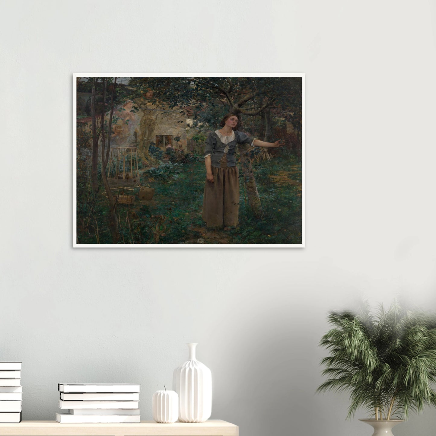 Joan of Arc stands in a garden as luminous saints appear behind her