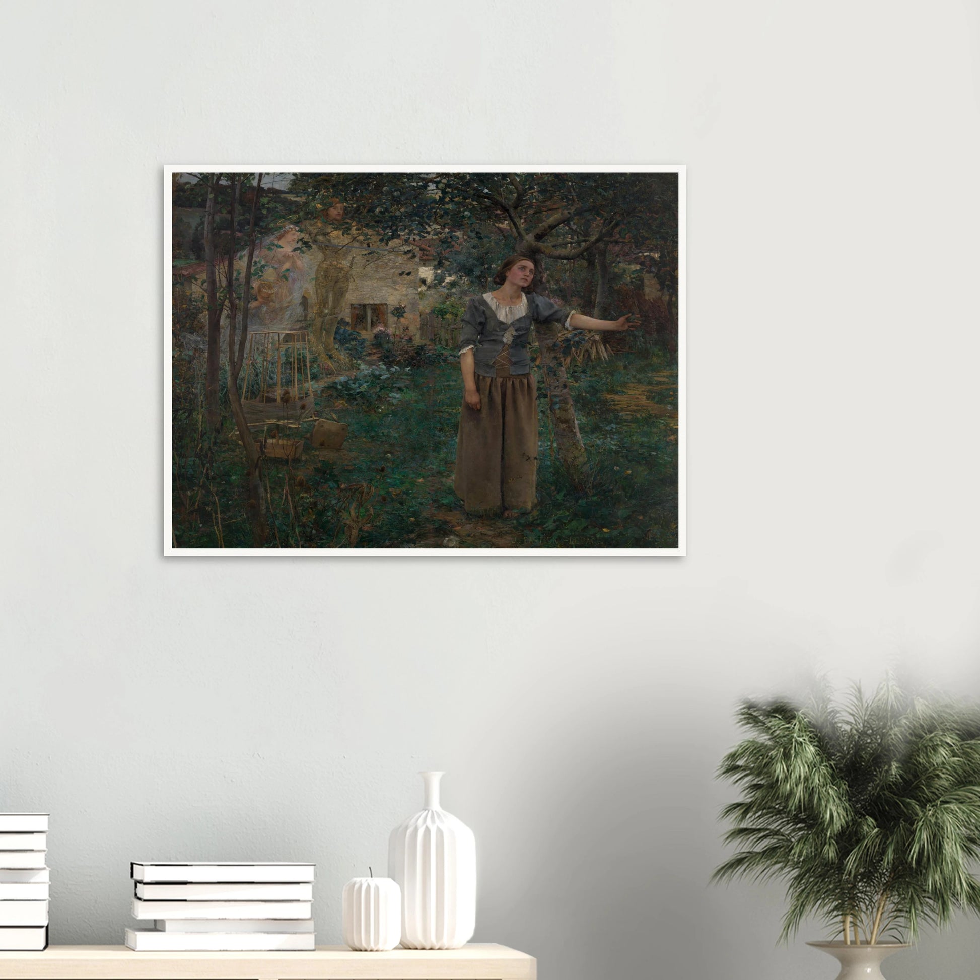 Joan of Arc stands in a garden as luminous saints appear behind her