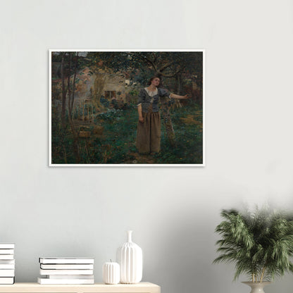Joan of Arc stands in a garden as luminous saints appear behind her