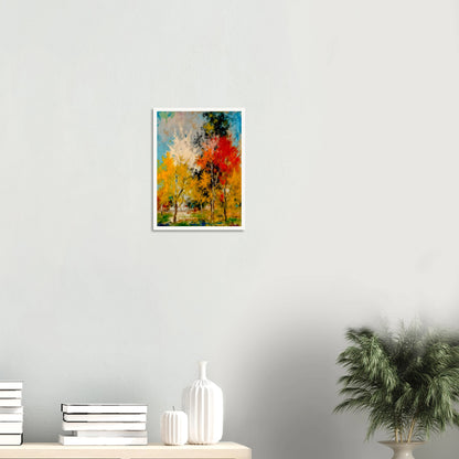 A vivid woodland painting of golden and crimson autumn trees beneath bright blue skies, bursting with expressive seasonal color.