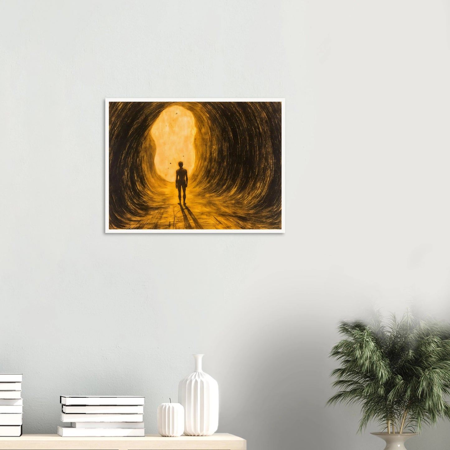 A lone silhouette walks through a glowing golden tunnel, surrounded by sweeping dark textures and radiant light ahead.