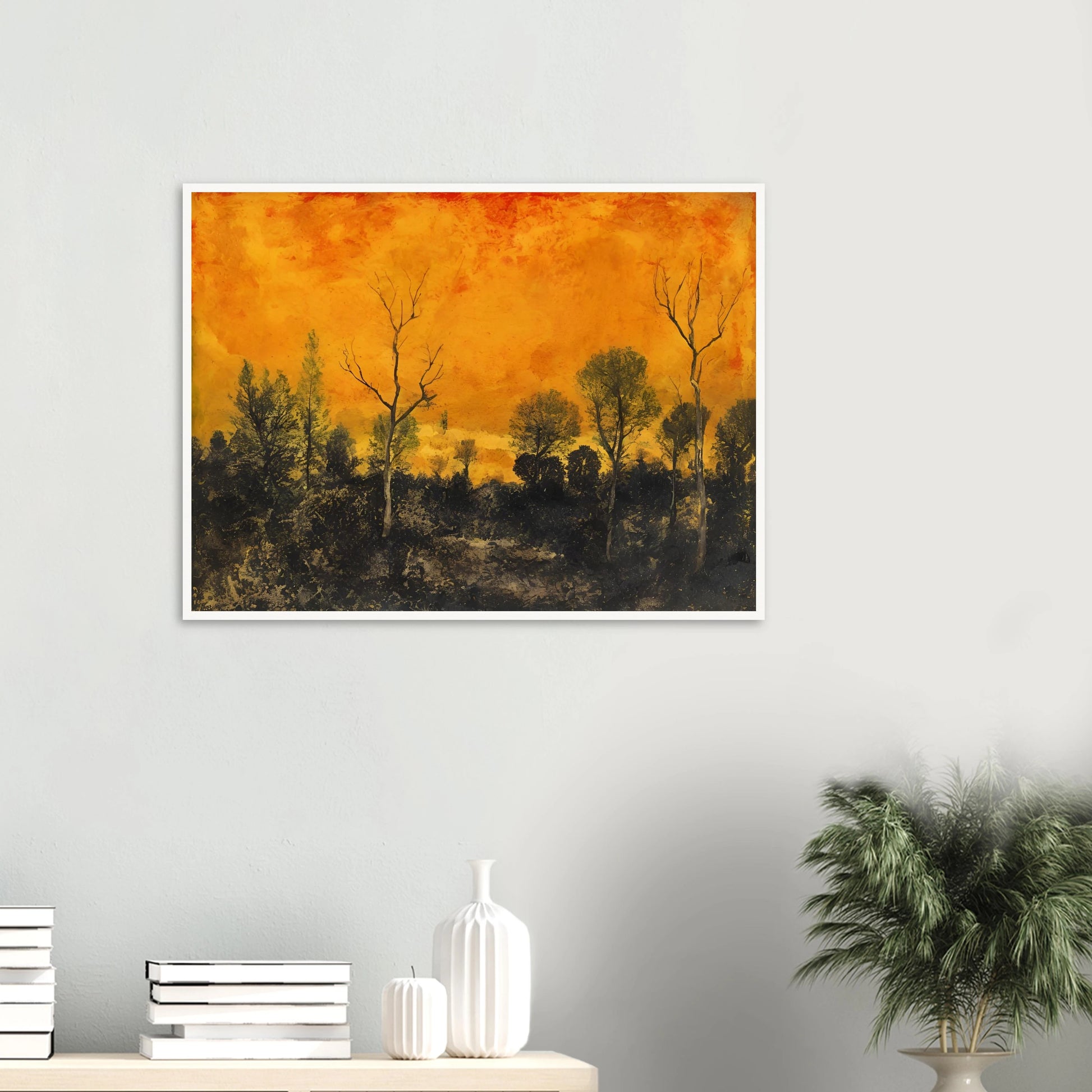 A forest silhouetted against a blazing orange sky, with leafless and leafy trees under a textured sunset.