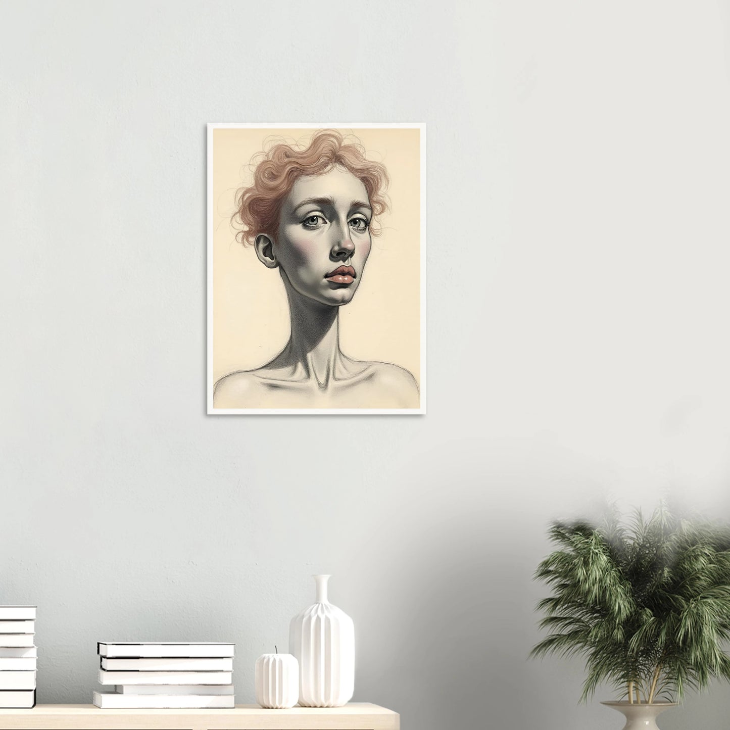 A detailed portrait of a woman with soft red curls, pale skin, and steady eyes, evoking grace and introspection.