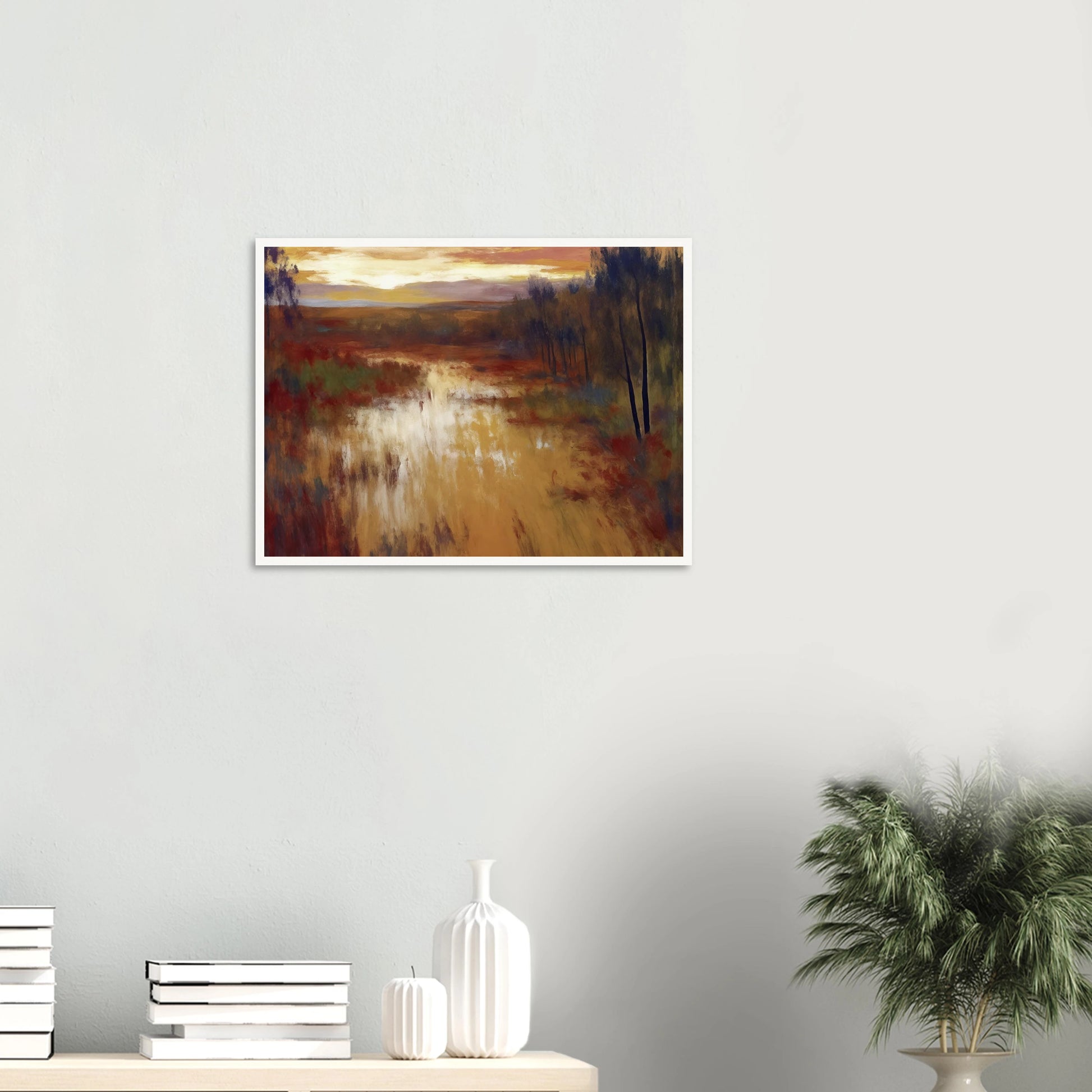 An atmospheric landscape painting depicting a calm marsh or river at sunset, with golden reflections on the water, autumn-toned grasses, and a line of slender trees beneath a glowing evening sky.