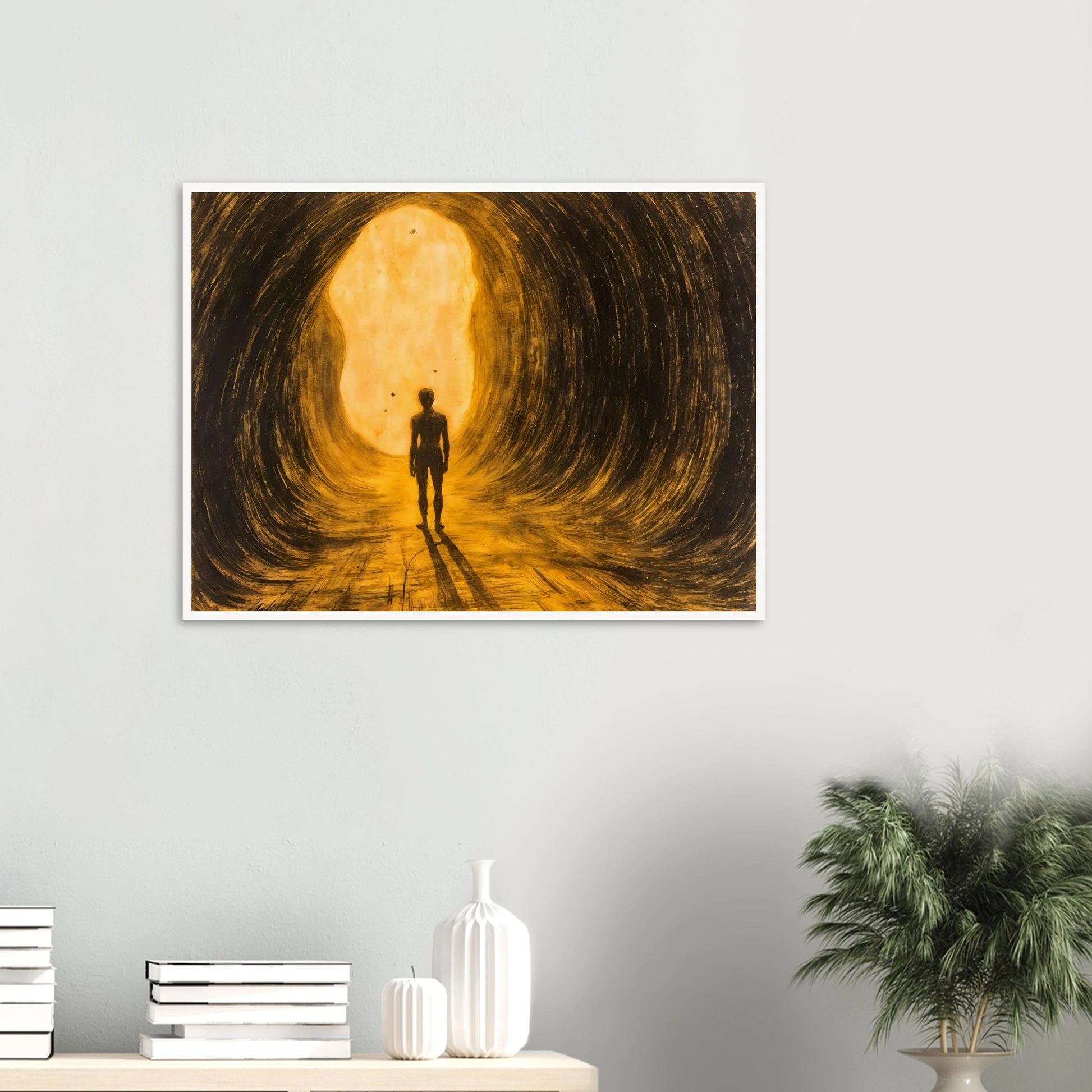 A lone silhouette walks through a glowing golden tunnel, surrounded by sweeping dark textures and radiant light ahead.