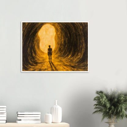 A lone silhouette walks through a glowing golden tunnel, surrounded by sweeping dark textures and radiant light ahead.