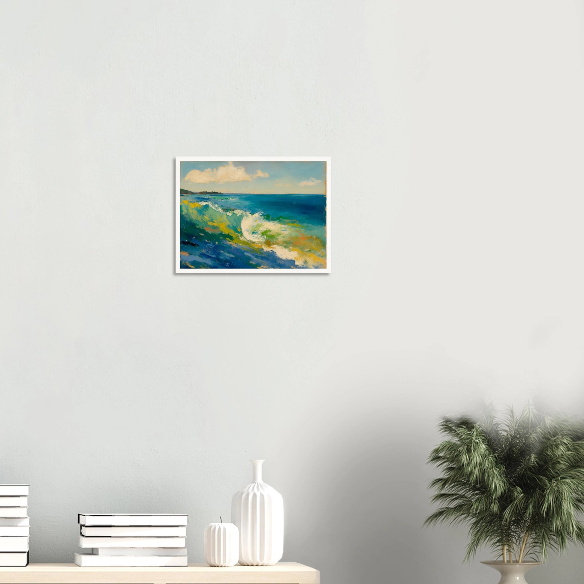 A rolling turquoise wave curls beneath soft clouds, with sunlight dancing across vibrant coastal waters.
