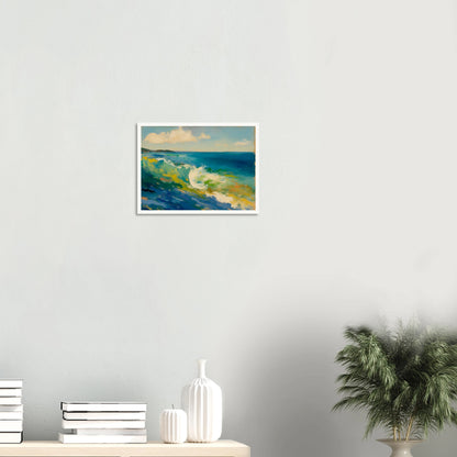 A rolling turquoise wave curls beneath soft clouds, with sunlight dancing across vibrant coastal waters.