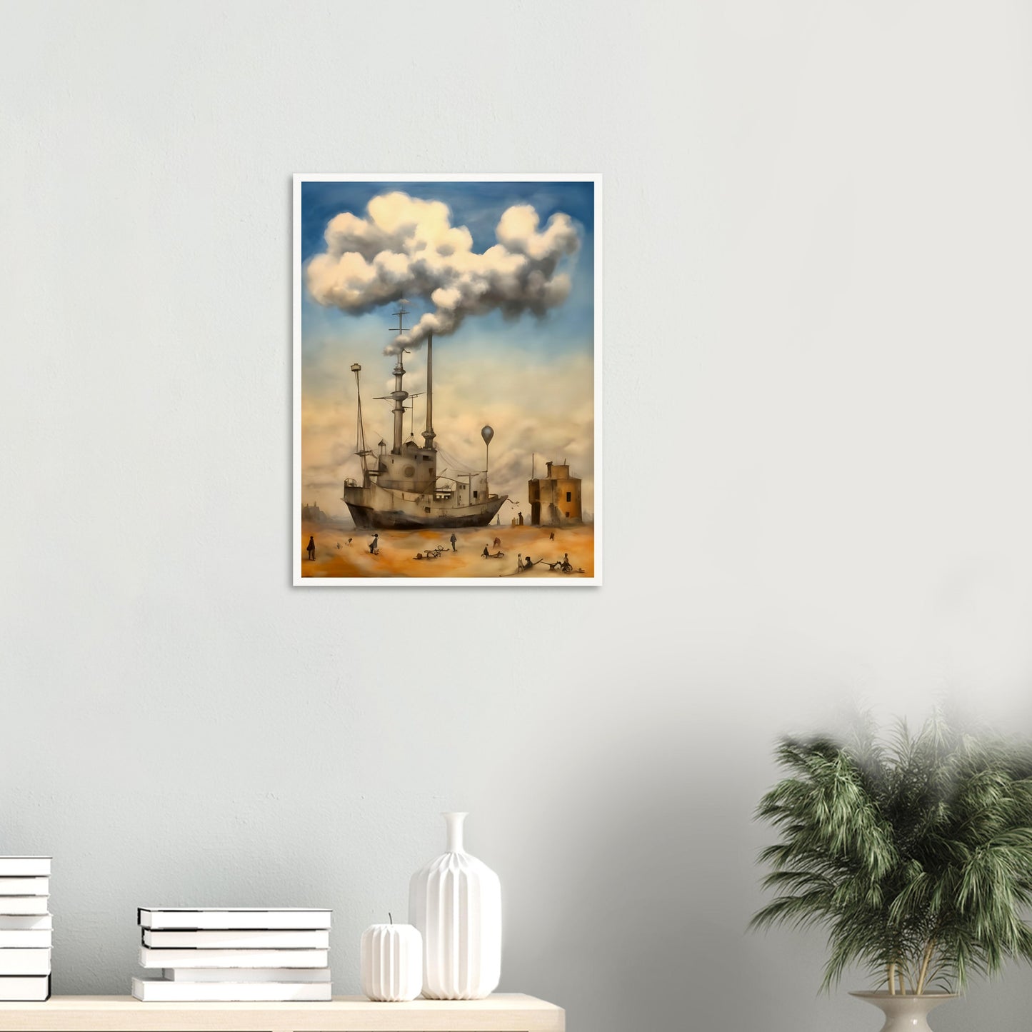 A surreal painting of a ship stranded in a desert, with smokestacks blending into massive, fluffy clouds, as small figures wander the sandy landscape beneath a dreamy sky.