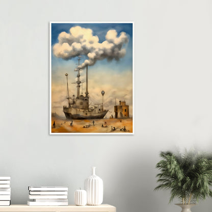 A surreal painting of a ship stranded in a desert, with smokestacks blending into massive, fluffy clouds, as small figures wander the sandy landscape beneath a dreamy sky.