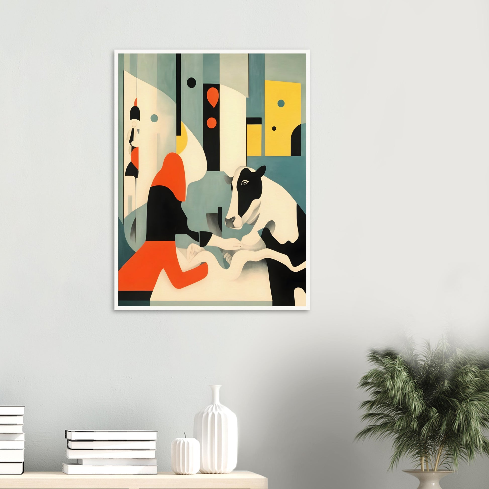 An abstract painting featuring a black-and-white cow interacting with a figure in a bold red and black outfit, set against a geometric background in shades of teal, yellow, and cream.