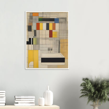 A geometric design with colorful rectangular blocks and intersecting lines, combining muted tones of yellow, red, black, and gray.