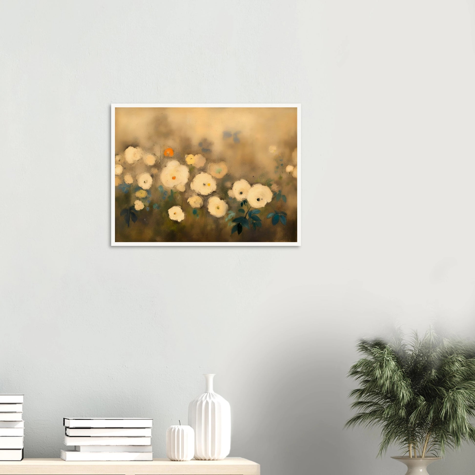 A dreamy floral painting featuring delicate white blossoms scattered across a softly blurred golden-beige background, accented with muted green and blue foliage.