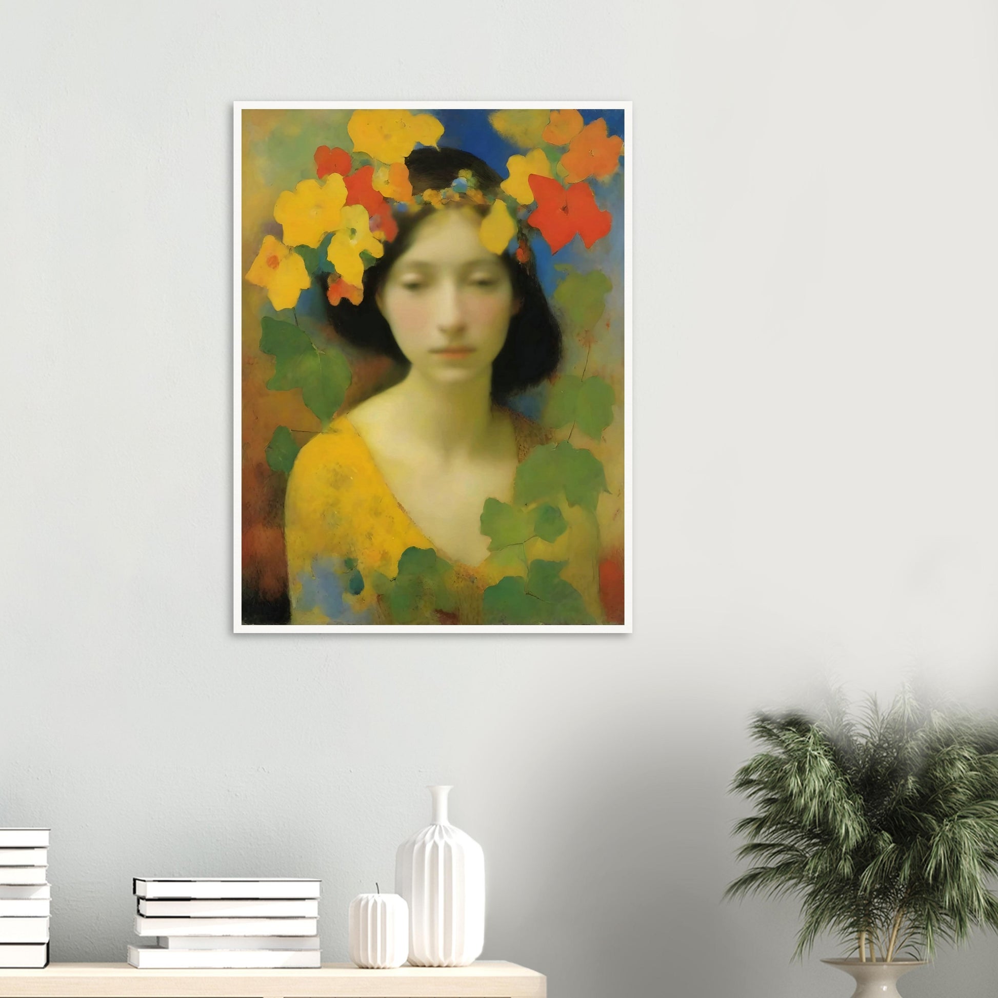 Dreamlike portrait of a serene woman adorned with a crown of yellow, orange, and red flowers, surrounded by soft greenery.