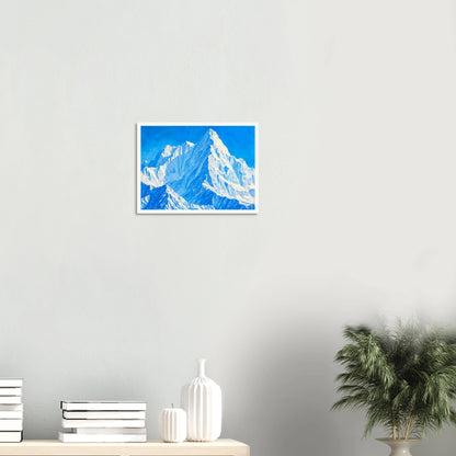 Towering icy mountain peaks glow in brilliant blues and whites beneath a crystal sky, evoking grandeur and stillness.