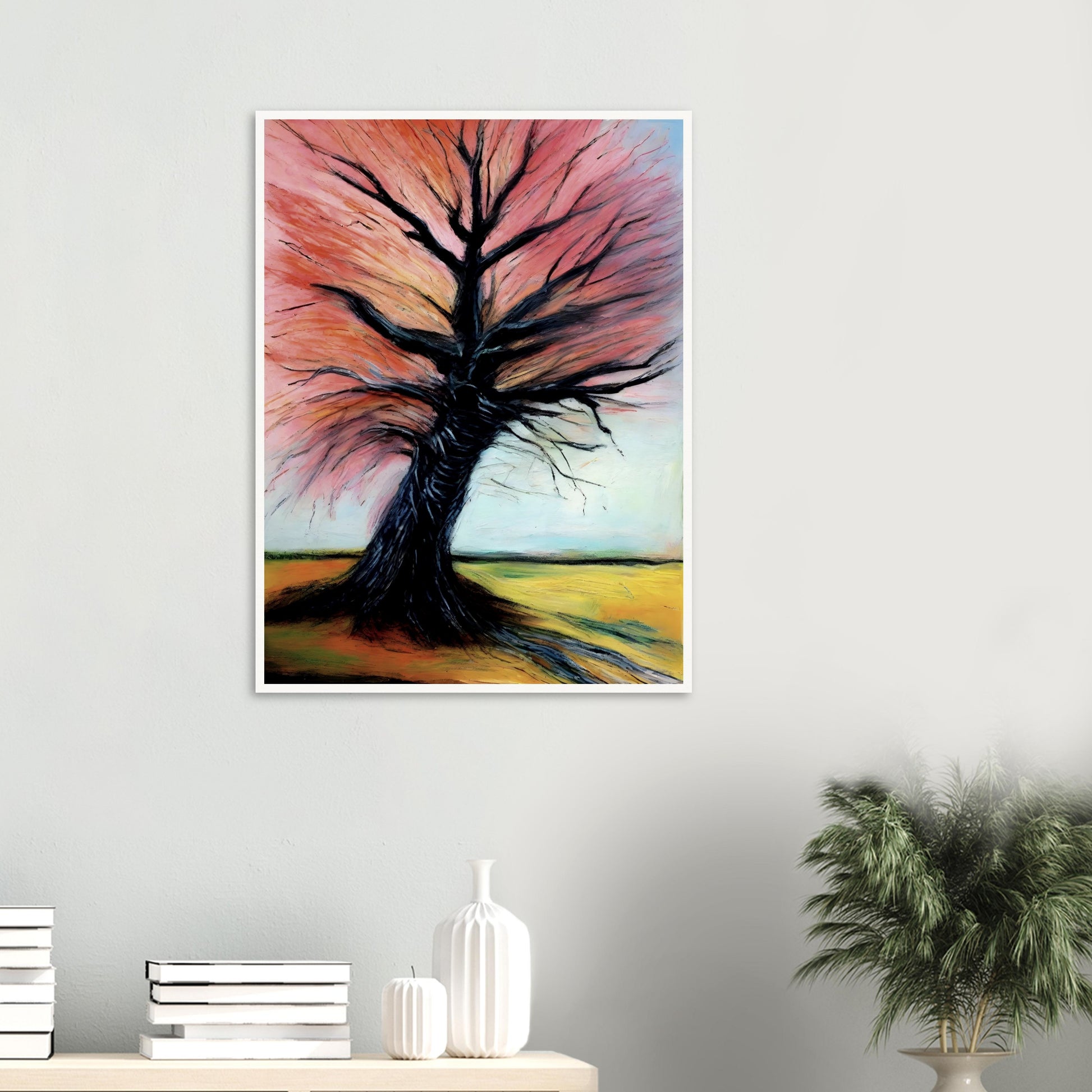 A captivating painting of a twisted tree with dark branches and vibrant pink and orange leaves, set against a serene countryside.