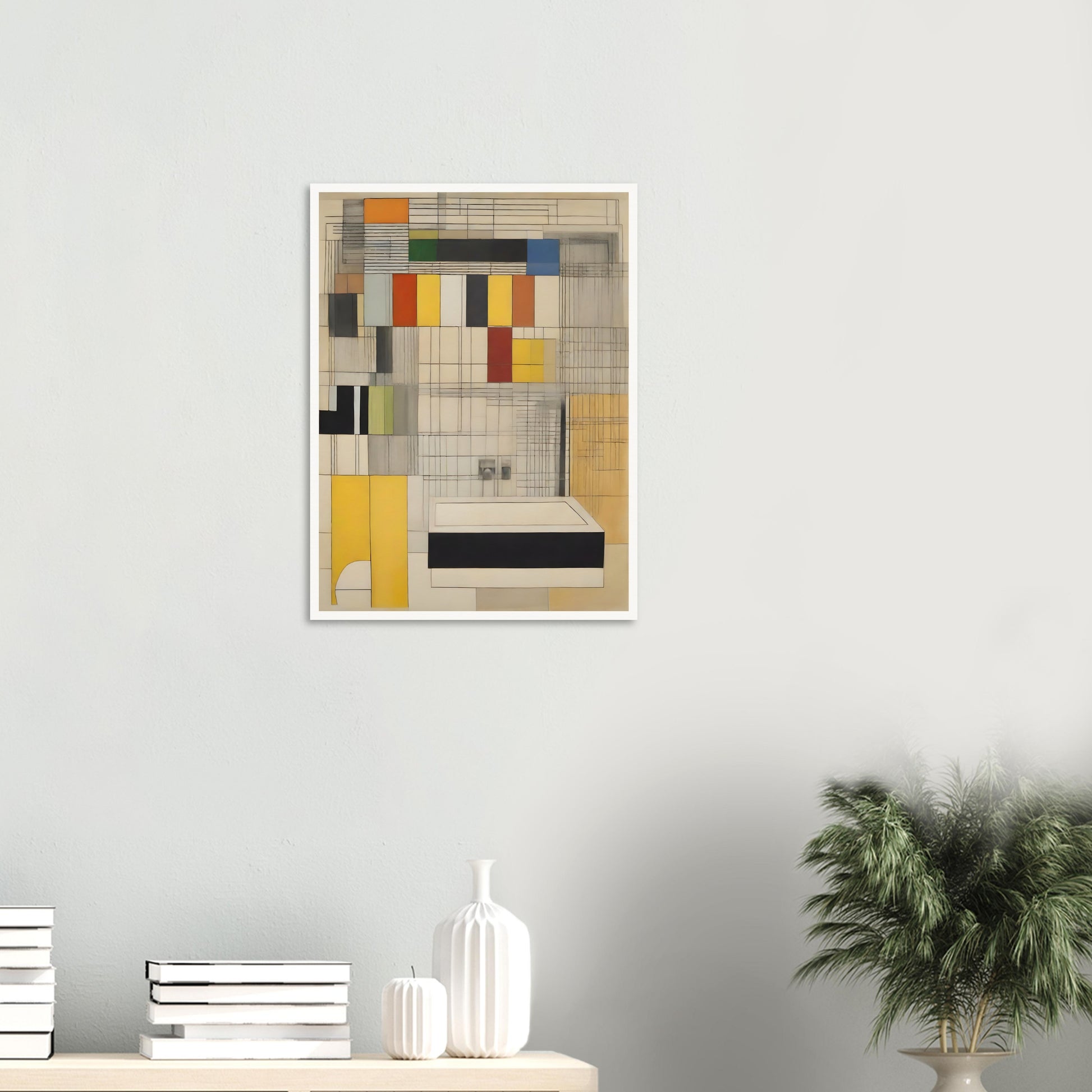 A geometric design with colorful rectangular blocks and intersecting lines, combining muted tones of yellow, red, black, and gray.