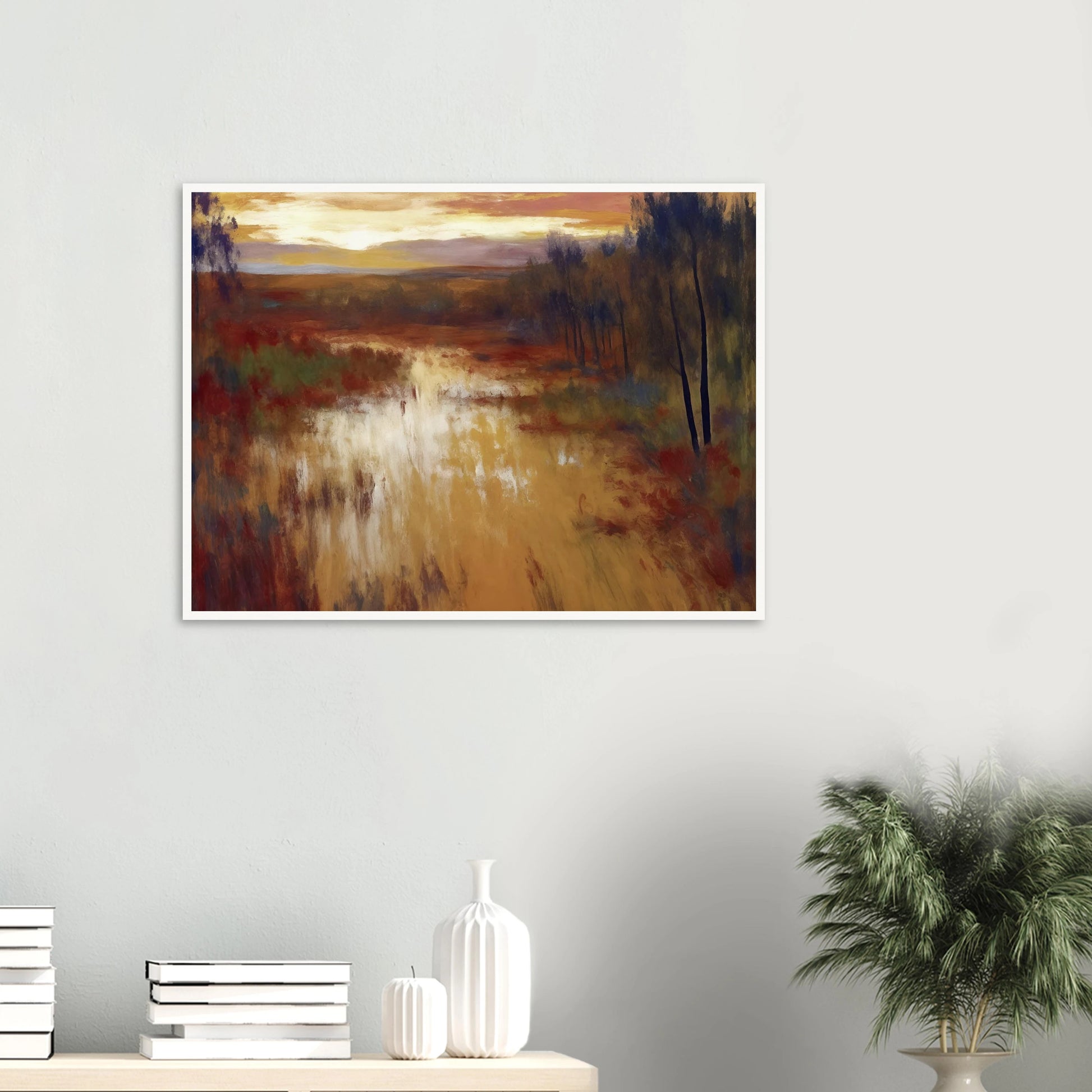 An atmospheric landscape painting depicting a calm marsh or river at sunset, with golden reflections on the water, autumn-toned grasses, and a line of slender trees beneath a glowing evening sky.
