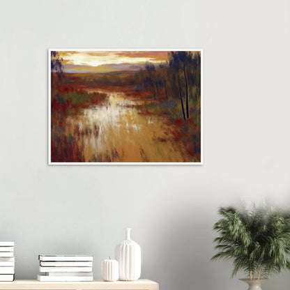 An atmospheric landscape painting depicting a calm marsh or river at sunset, with golden reflections on the water, autumn-toned grasses, and a line of slender trees beneath a glowing evening sky.