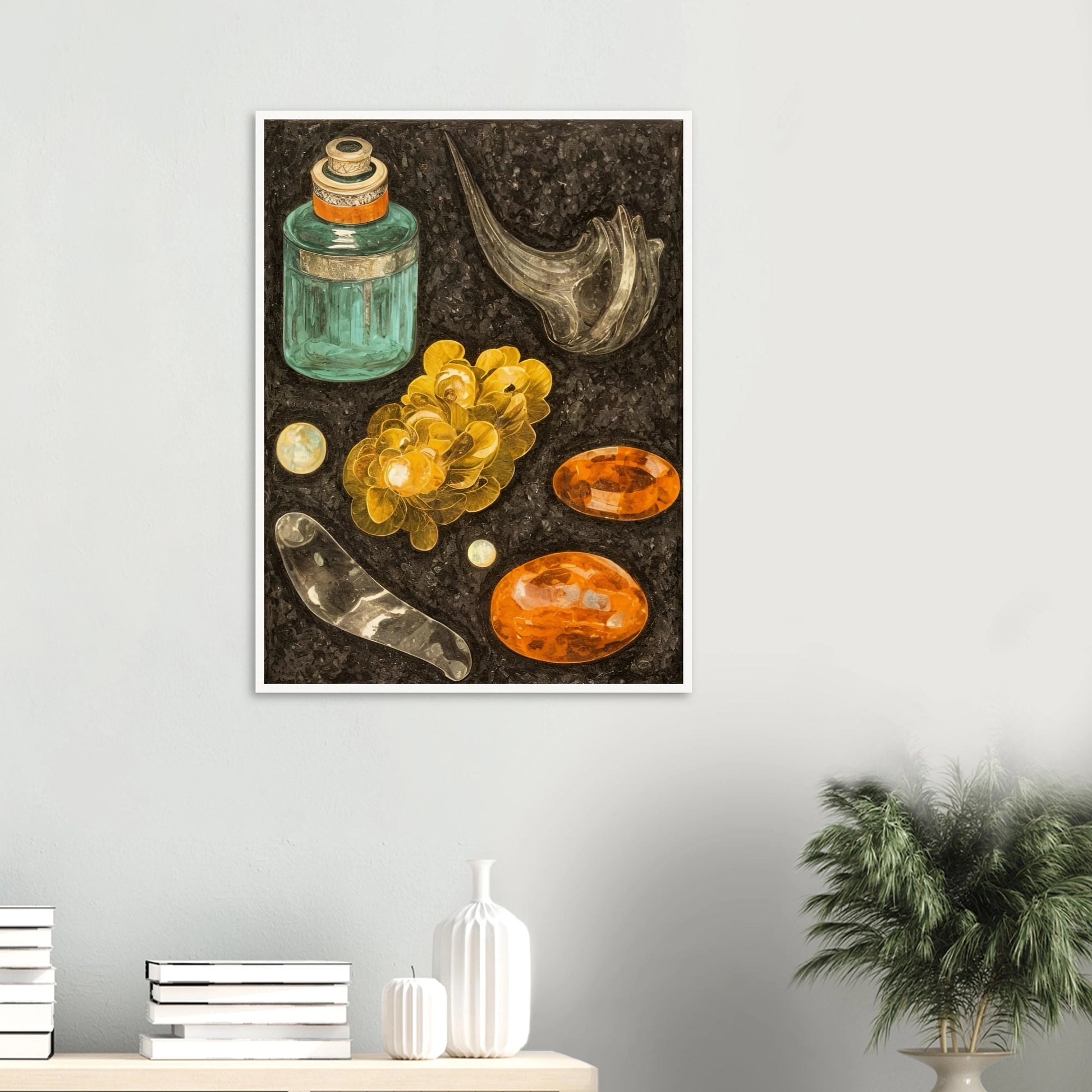 A collection of golden stones, glass objects, and a teal bottle arranged on a textured black background like hidden treasures.