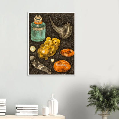 A collection of golden stones, glass objects, and a teal bottle arranged on a textured black background like hidden treasures.