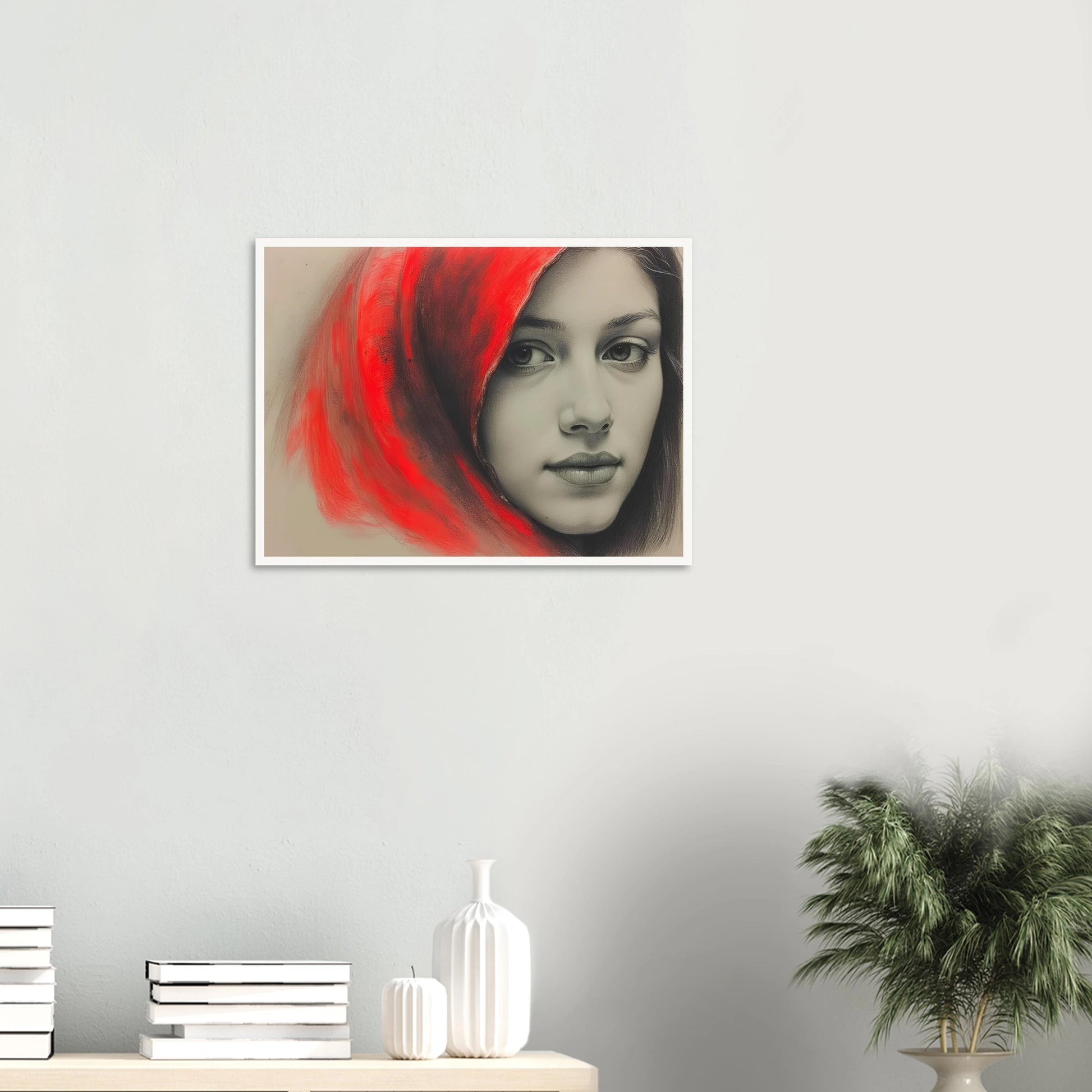 A soft portrait of a young woman draped in a vivid red hood, her calm gaze contrasting with the fiery energy surrounding her.