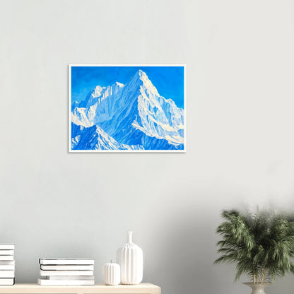 Towering icy mountain peaks glow in brilliant blues and whites beneath a crystal sky, evoking grandeur and stillness.