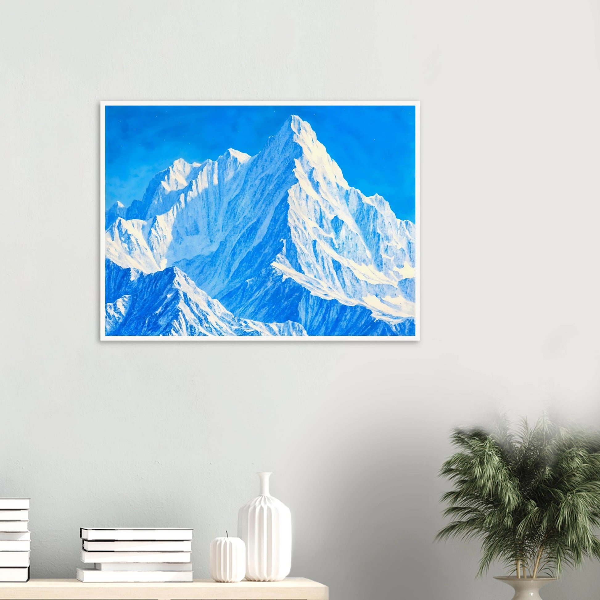 Towering icy mountain peaks glow in brilliant blues and whites beneath a crystal sky, evoking grandeur and stillness.