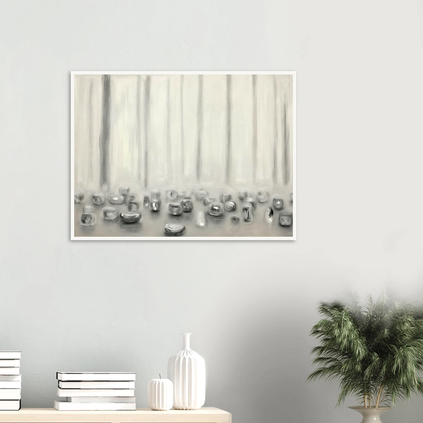 Minimalist pale composition with translucent silver forms resting beneath misty vertical lines in a serene monochrome atmosphere.